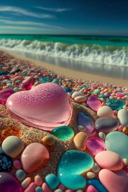 Oggetto a forma di cuore seduto in cima a una spiaggia sabbiosa Generative Ai