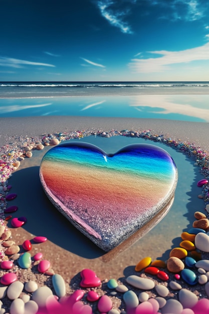Oggetto a forma di cuore seduto in cima a una spiaggia sabbiosa Generative Ai