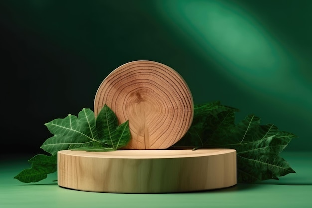 Oggetto decorativo in legno decorato con fogliame verde Generative AI