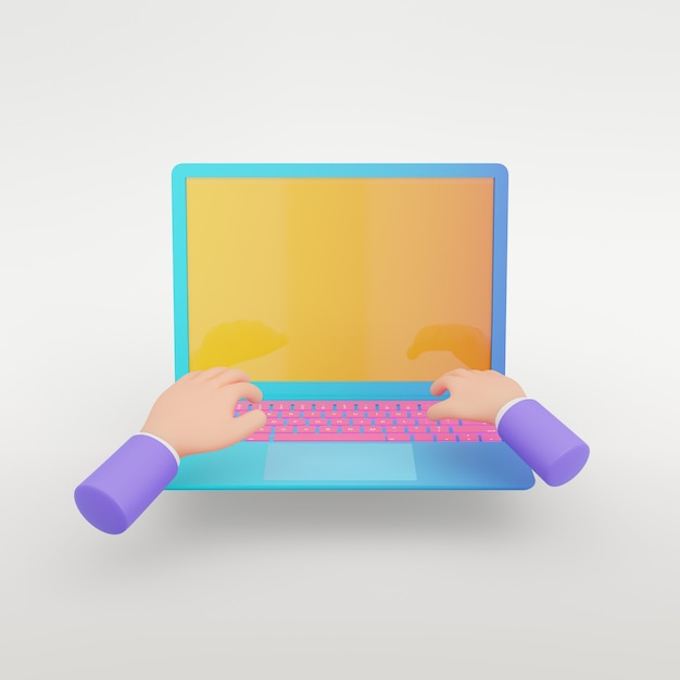 Oggetto di rendering 3D. Computer portatile blu colorato con schermo giallo e tastiera rosa con sfondo bianco isolato operazione mani. Immagine del tracciato di ritaglio.