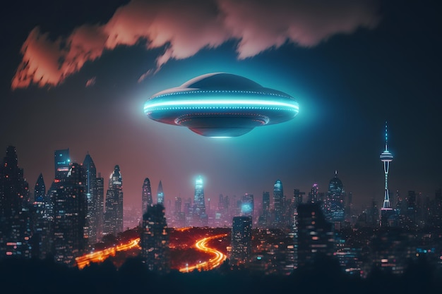 Oggetto ufo con luci incandescenti che volano verso il centro città in una giornata di pioggia rete neurale generata arte