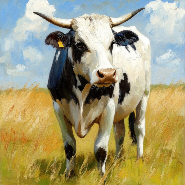 Oil painting of beautiful Cow impressionism style accented strokes and paint blobs high detailed