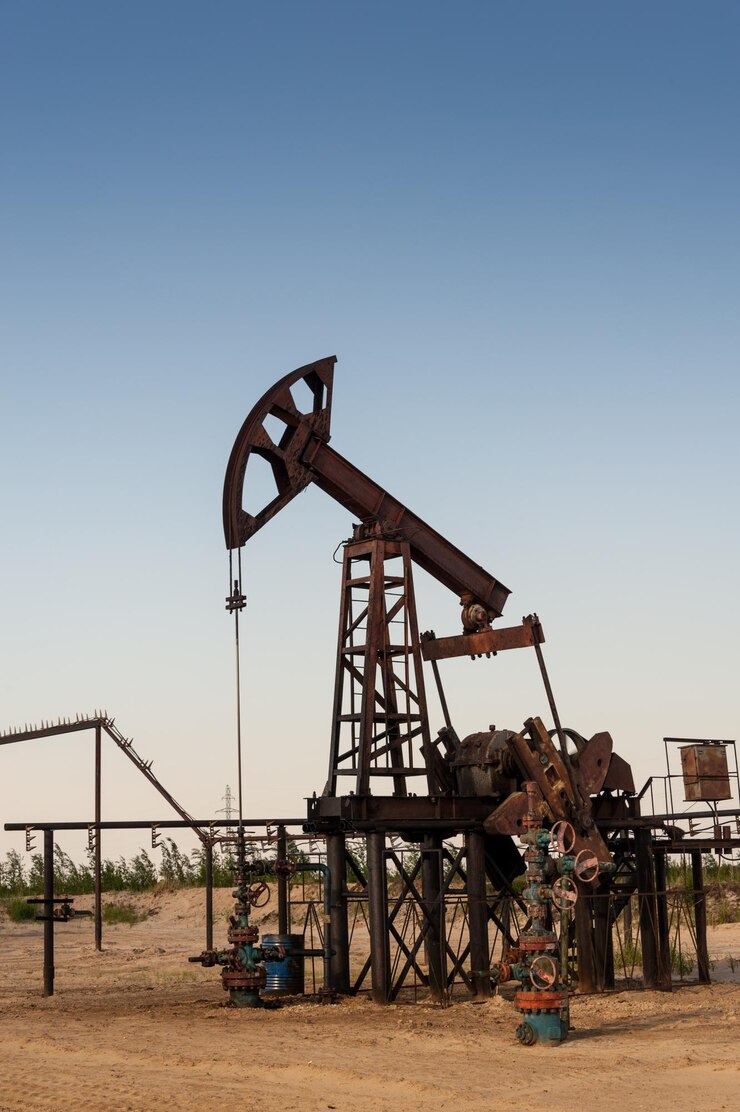 Oil pump jack and wellheads. Extraction of oil.