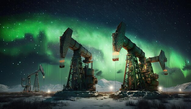 Oil pumpjack sul pozzo petrolifero nella zona selvaggia del giacimento petrolifero del cielo dell'aurora boreale bella area ricca del deserto