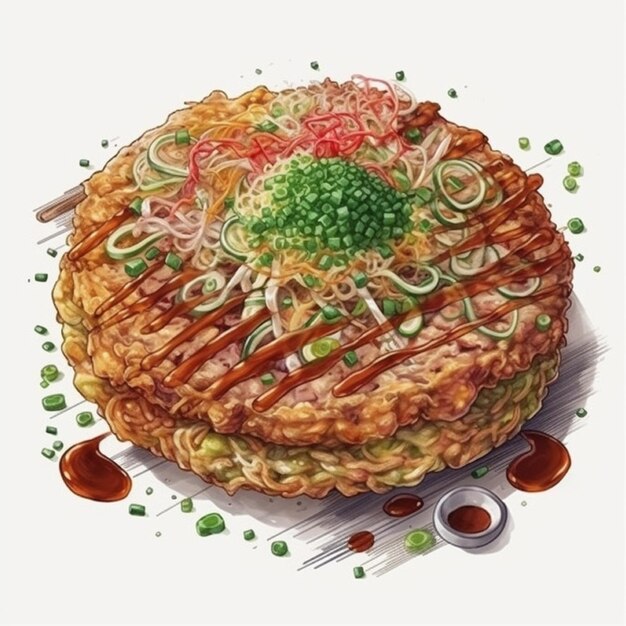 Okonomiyaki Cibo giapponese a base di farina di frumento cavolo uova di pollo frutti di mare o carne AI generato