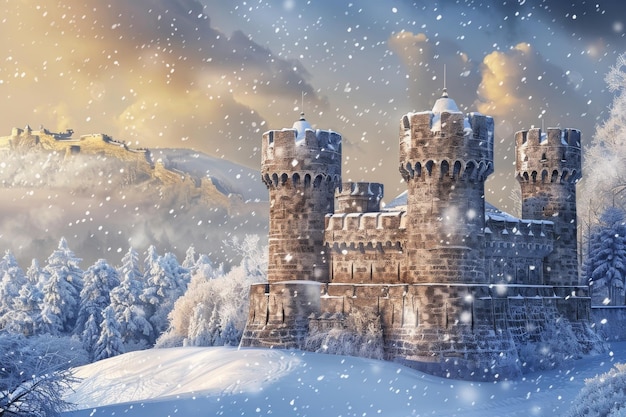 Old Castle Winter Landscape Fantasy Kingdom Snow Landscape Winter Castle Copy Space (Paesaggio del vecchio castello d'inverno)