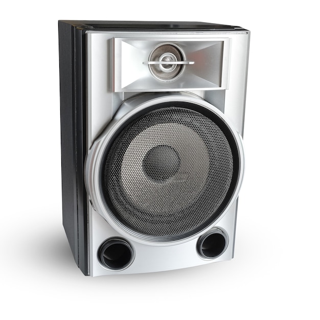 Old music speakers in classic casing isolated on white background