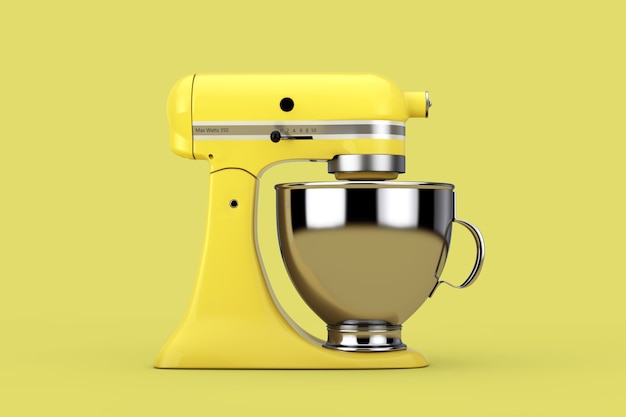 Old Yellow Kitchen Stand Food Mixer su uno sfondo giallo. Rendering 3D