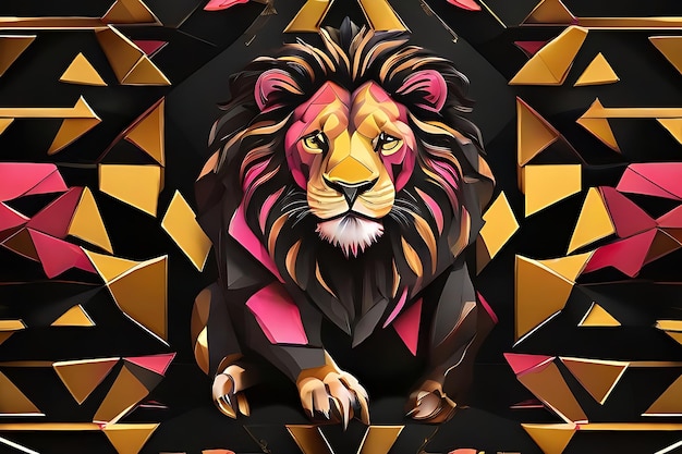 oldenBlackPINK poligonale Illustrazione di leone isolata su sfondo nero Emblema di animale geometrico Illustrazione vettoriale