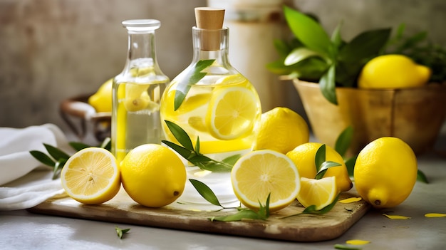 Olio al limone su un tagliere con limoni e olio d'oliva