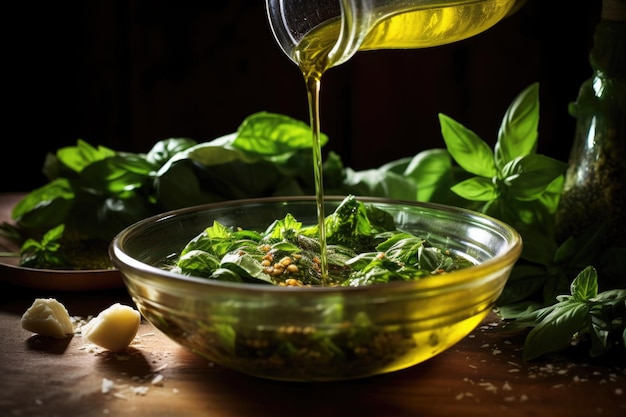 olio d'oliva che piove in una ciotola di ingredienti di pesto