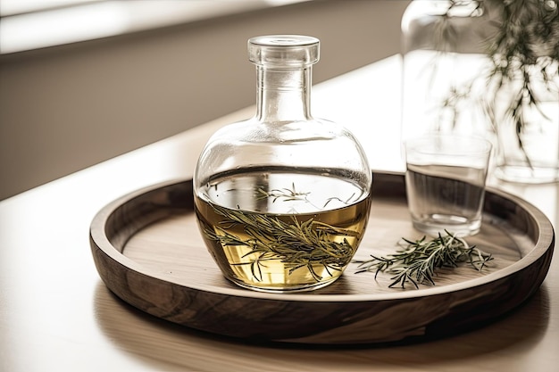 Olio d'oliva con infuso di rosmarino appoggiato in una bacinella di legno su un tavolo bianco