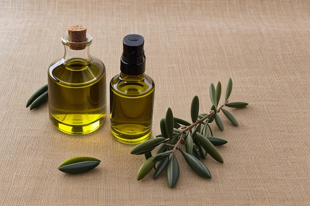 Olio d'oliva con piante Cosmetici e oli d'olivo in bottiglia