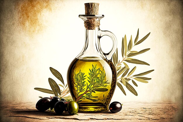 Olio d'oliva con sfondo ramo di olivo