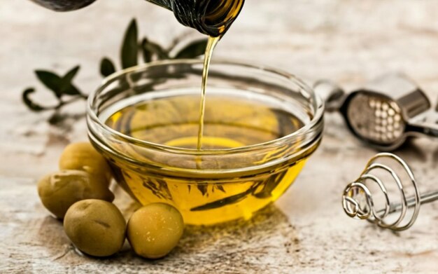 Olio d'oliva distribuito in un contenitore su un tavolo con olive intorno