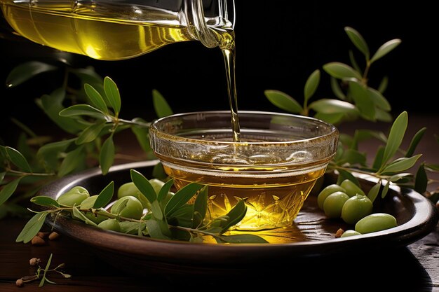 Olio d'oliva dorato naturalmente puro da olive e olive nere, alimenti naturali freschi e sani