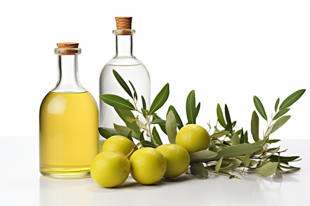 Olio d'oliva e aceto con olive verdi