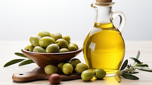 Olio d'oliva e olive su sfondo bianco