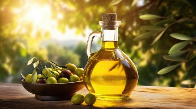 Olio d'oliva e olive su tavolo di legno con sfondo naturale