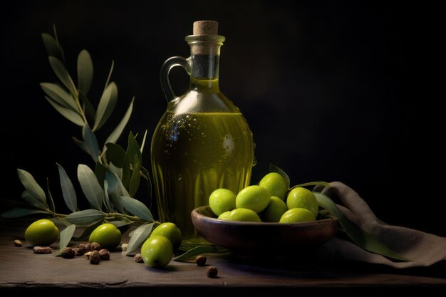 Olio d'oliva e olive verdi su un tavolo di legno