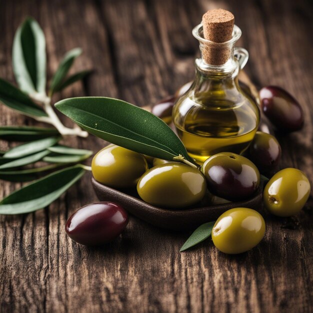 Olio d'oliva e ramo d'olivo su tavolo di legno ai generati