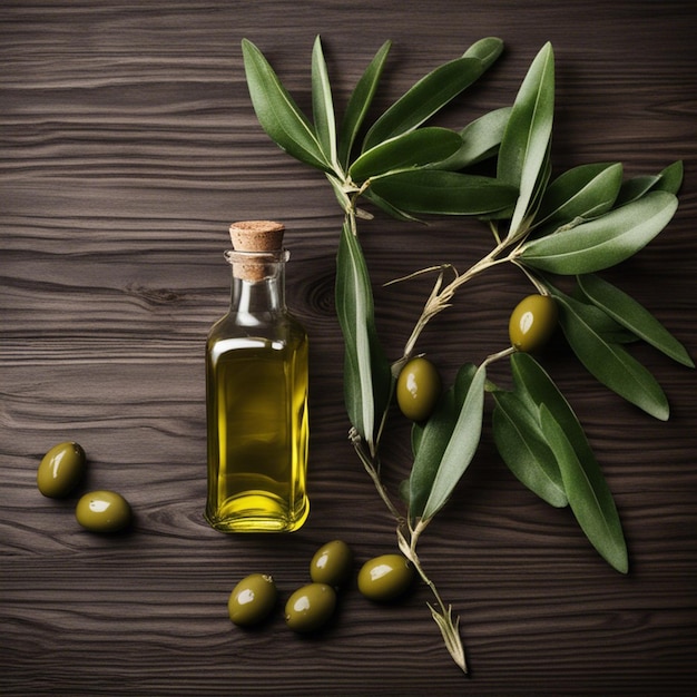 Olio d'oliva e ramo d'olivo su tavolo di legno ai generati