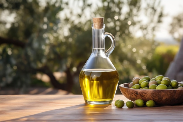 Olio d'oliva fresco e olive sullo sfondo degli ulivi
