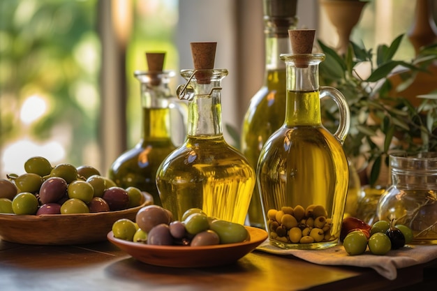 Olio d'oliva in bottiglia con olive nere e verdiGenerato con IA