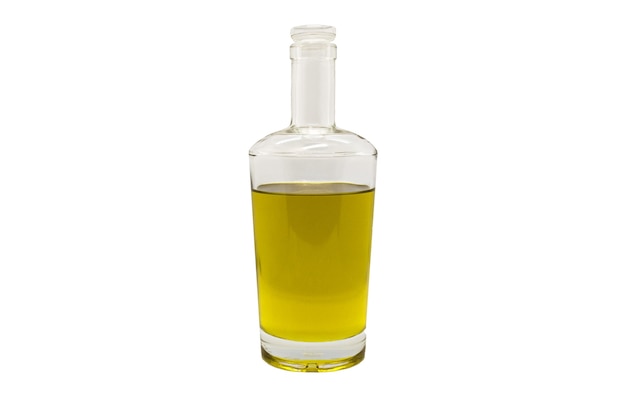 Olio d'oliva in bottiglia di vetro isolato bianco