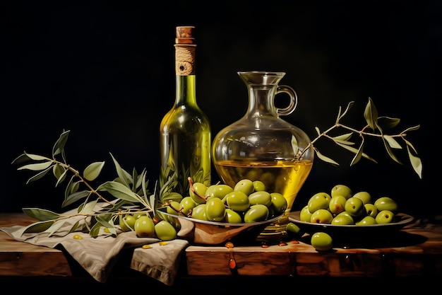 Olio d'oliva in bottiglia e olive su sfondo scuro
