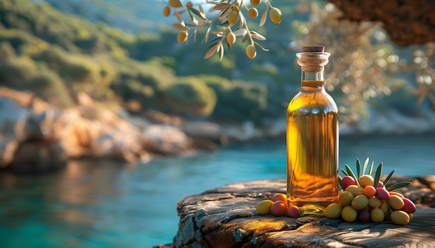 olio d'oliva in bottiglia su un tavolo di legno sullo sfondo del mare