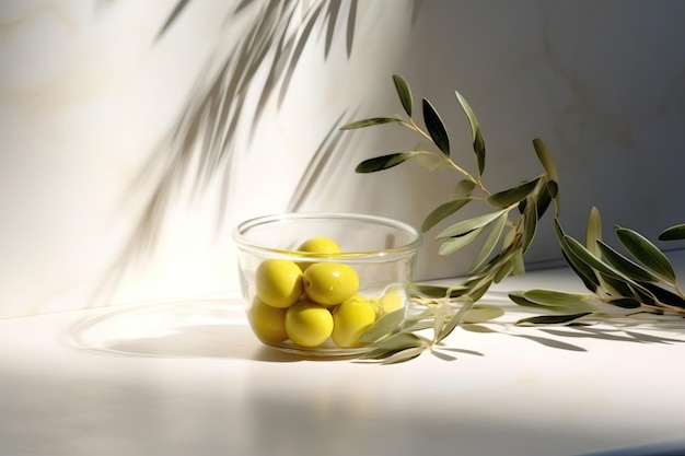 olio d'oliva in piccolo barattolo con olive e ramo di ulivo con ombra morbida