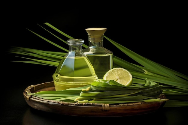 olio d'oliva in un cestino di bambù con una fetta di limone e lime.