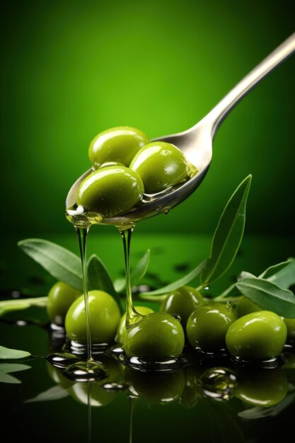 Olio d'oliva in un cucchiaio con fondo culinario di frutti di oliva verde