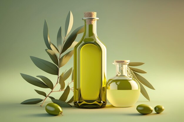Olio d'oliva in una bottiglia di vetro con una piccola brocca con olive intere accanto su uno sfondo verde chiaro