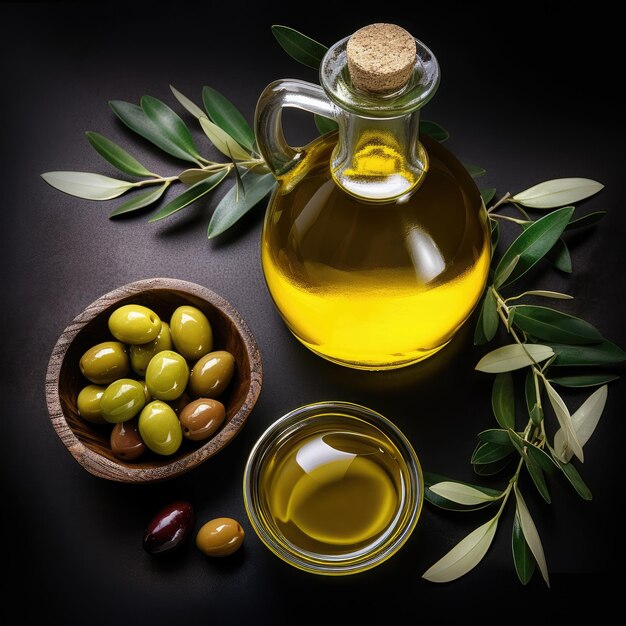 Olio d'oliva in una bottiglia di vetro trasparente con olive fresche e foglie in primo piano