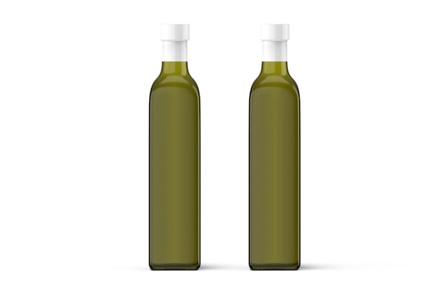 Olio d'oliva in una bottiglia su uno sfondo bianco.