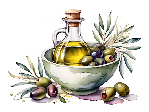 Olio d'oliva in una ciotola con olive Illustrazione ad acquerello per la progettazione dell'imballaggio del menu