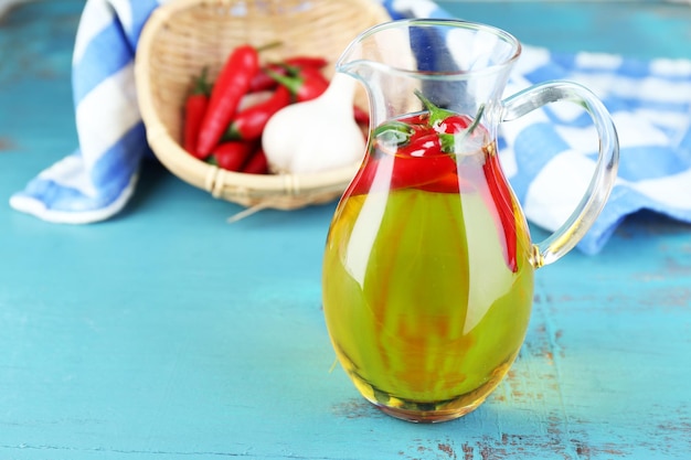 Olio d'oliva infuso naturale fatto in casa con peperoncini rossi in brocca su sfondo di legno colorato