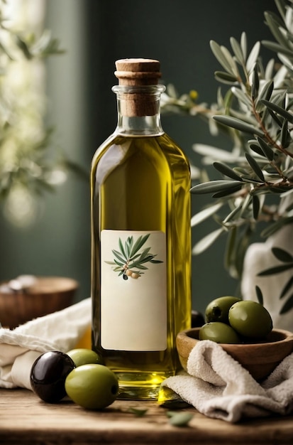 Olio d'oliva sano in bottiglia di vetro