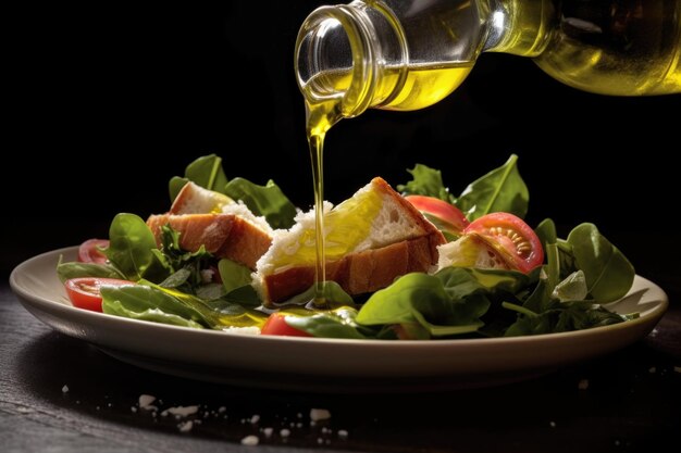 olio d'oliva spruzzato su un'insalata fresca o un pane creato con ai generativi