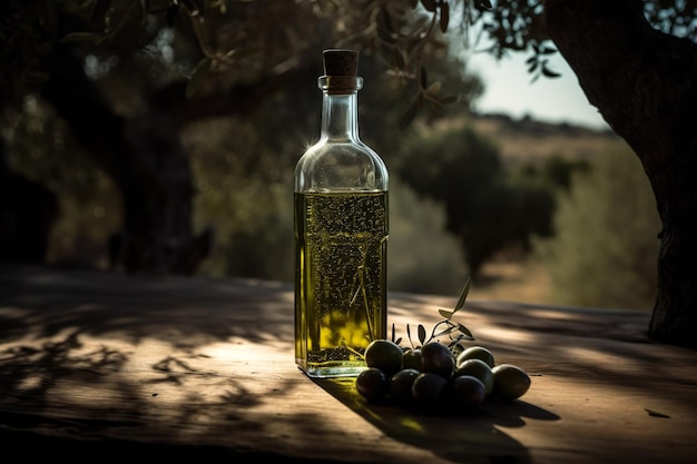 Olio d'oliva su sfondo di uliveto ai generativo
