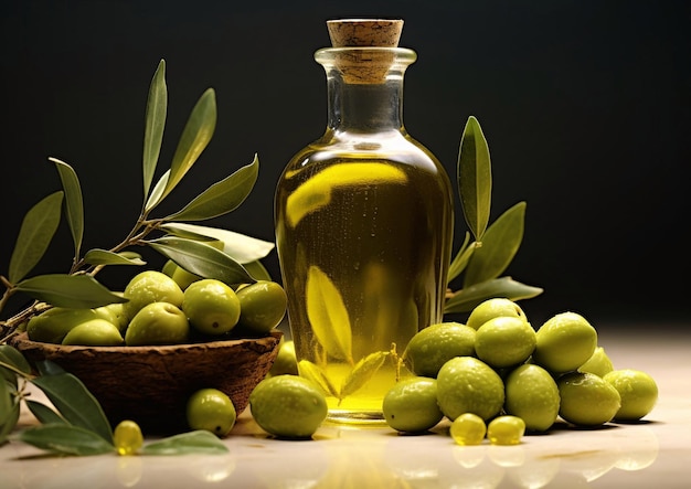 Olio d'oliva vergine in bottiglia di vetro con olive verdi mature su sfondo scuroAI Generative