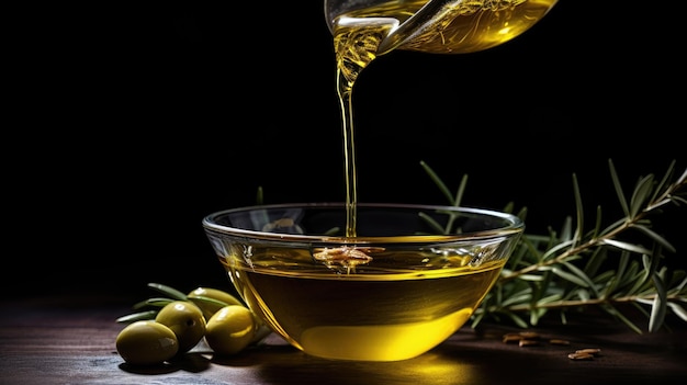 Olio d'oliva versato in una ciotola con olive e ramo d'olivo su sfondo nero