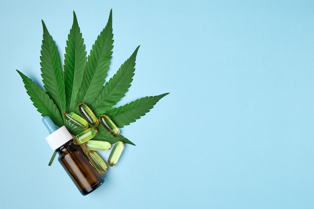 Olio di canapa di cannabis CBD in capsule o pillole e bottiglia posa sulla foglia di marijuana verde fresca