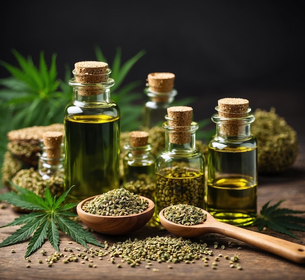 Olio di cannabis in piccole bottiglie con foglie di canapa su uno sfondo di legno