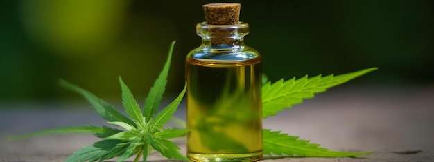 Olio di cannabis in un barattolo su uno sfondo di campo IA generativa