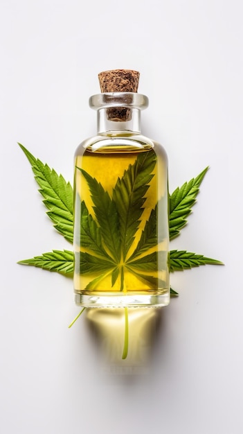 olio di cannabis in una bottiglia sfondo bianco