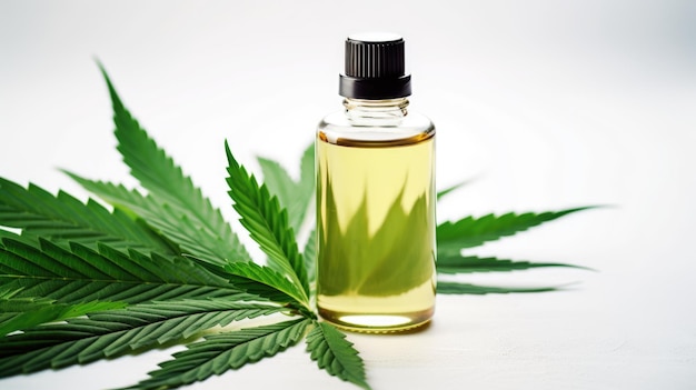 Olio di cannabis in una piccola bottiglia con foglie di cannabis su sfondo bianco