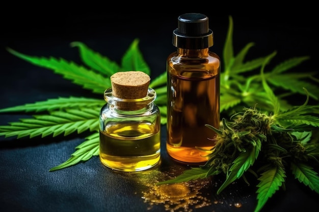 Olio di CBD medico con foglie di cannabis Il concetto di tintura medica di marijuana AI generativa